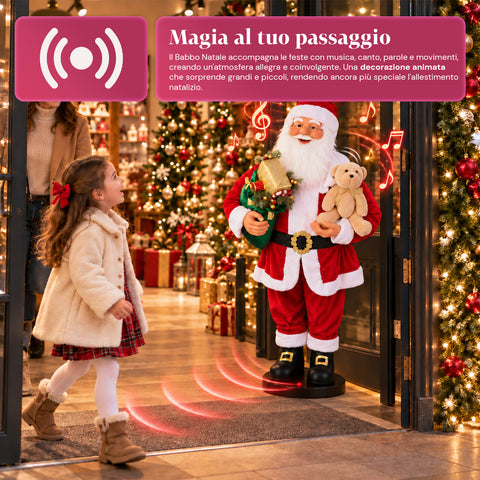 Père Noël dansant de 150 cm avec musique, chant et mouvement - Décoration de Noël d'intérieur avec bouton, base de 38 cm, rouge