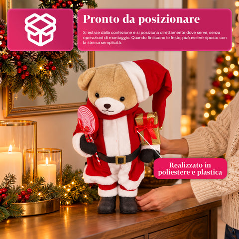 Ourson de Noël en peluche avec tenue rouge et blanche, trois tailles pour décorer l'intérieur
