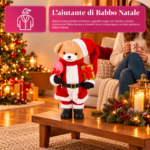 Ourson de Noël en peluche avec tenue rouge et blanche, trois tailles pour décorer l'intérieur