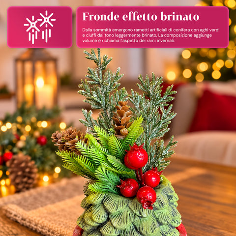 Petite plante décorative avec un petit arbre de 20 cm, décoration de Noël de table avec pommes de pin, baies rouges et nœud en relief, 2 variantes rouge et dorée