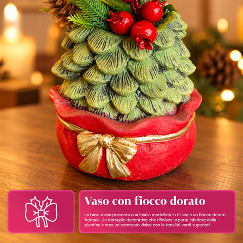 Petite plante décorative avec un petit arbre de 20 cm, décoration de Noël de table avec pommes de pin, baies rouges et nœud en relief, 2 variantes rouge et dorée