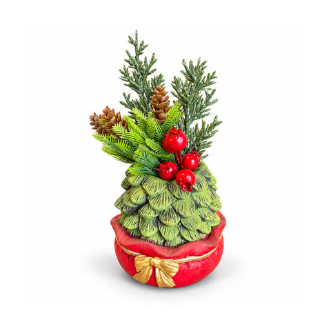 Petite plante décorative avec un petit arbre de 20 cm, décoration de Noël de table avec pommes de pin, baies rouges et nœud en relief, 2 variantes rouge et dorée