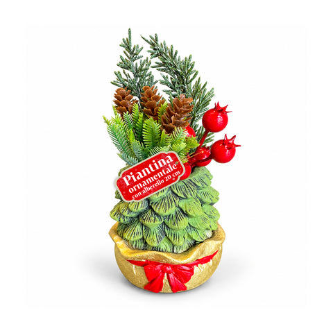 Petite plante décorative avec un petit arbre de 20 cm, décoration de Noël de table avec pommes de pin, baies rouges et nœud en relief, 2 variantes rouge et dorée