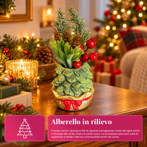 Petite plante décorative avec un petit arbre de 20 cm, décoration de Noël de table avec pommes de pin, baies rouges et nœud en relief, 2 variantes rouge et dorée