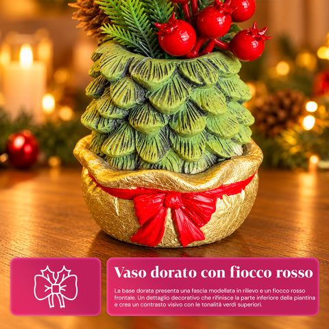 Petite plante décorative avec un petit arbre de 20 cm, décoration de Noël de table avec pommes de pin, baies rouges et nœud en relief, 2 variantes rouge et dorée