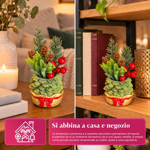 Petite plante décorative avec un petit arbre de 20 cm, décoration de Noël de table avec pommes de pin, baies rouges et nœud en relief, 2 variantes rouge et dorée