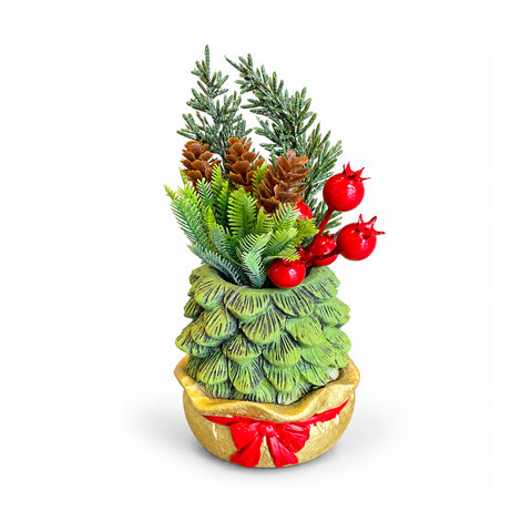 Petite plante décorative avec un petit arbre de 20 cm, décoration de Noël de table avec pommes de pin, baies rouges et nœud en relief, 2 variantes rouge et dorée