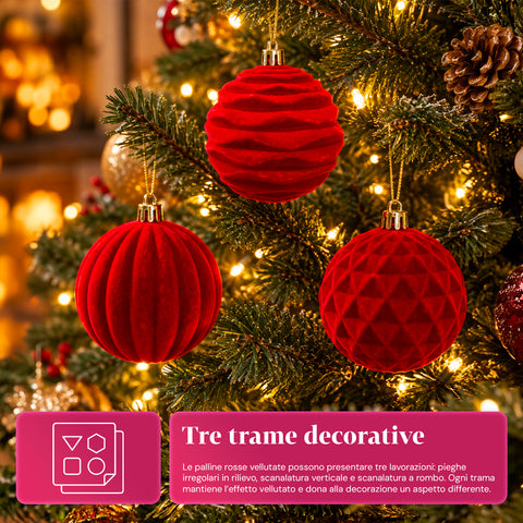 Set di 12 palline di Natale in velluto da 8 cm, tre diverse texture per confezione, 3 colori disponibili, sfere opache per l'albero e le decorazioni