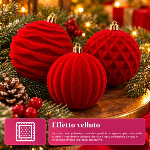 Set di 12 palline di Natale in velluto da 8 cm, tre diverse texture per confezione, 3 colori disponibili, sfere opache per l'albero e le decorazioni