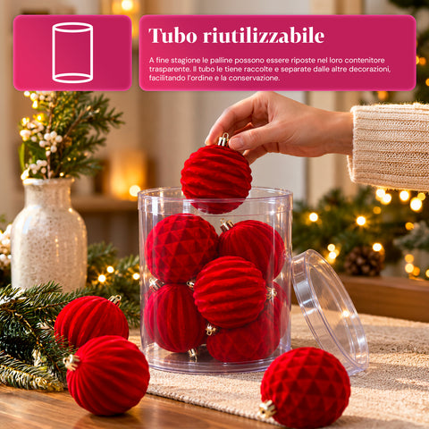 Set di 12 palline di Natale in velluto da 8 cm, tre diverse texture per confezione, 3 colori disponibili, sfere opache per l'albero e le decorazioni