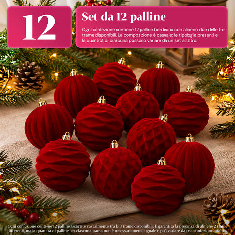 Set di 12 palline di Natale in velluto da 8 cm, tre diverse texture per confezione, 3 colori disponibili, sfere opache per l'albero e le decorazioni