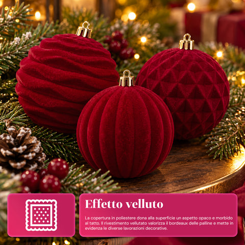 Set di 12 palline di Natale in velluto da 8 cm, tre diverse texture per confezione, 3 colori disponibili, sfere opache per l'albero e le decorazioni