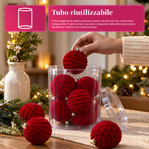 Set di 12 palline di Natale in velluto da 8 cm, tre diverse texture per confezione, 3 colori disponibili, sfere opache per l'albero e le decorazioni