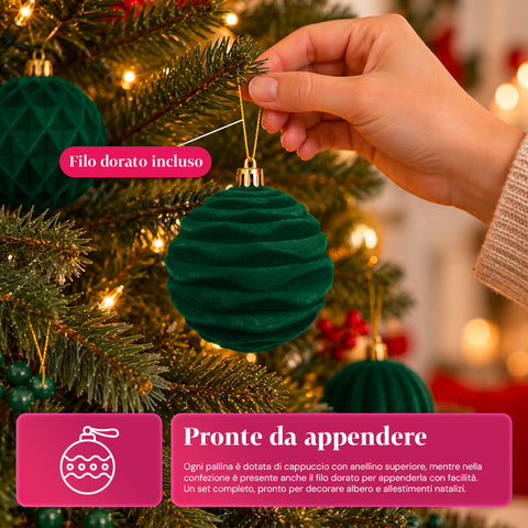 Set di 12 palline di Natale in velluto da 8 cm, tre diverse texture per confezione, 3 colori disponibili, sfere opache per l'albero e le decorazioni