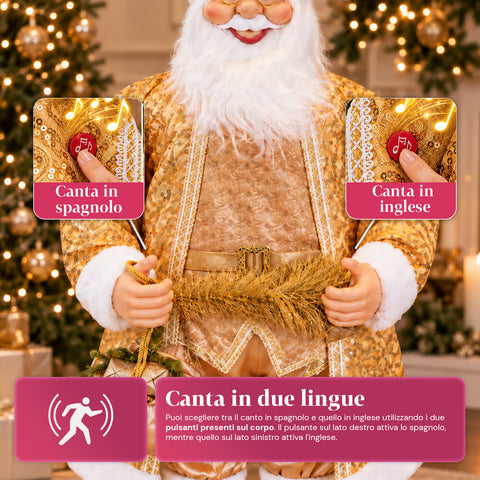 Père Noël dansant de 130 cm avec musique, statue de Noël dorée qui danse, rit et chante, plusieurs modes et morceaux, base à remplir, adaptateur secteur inclus