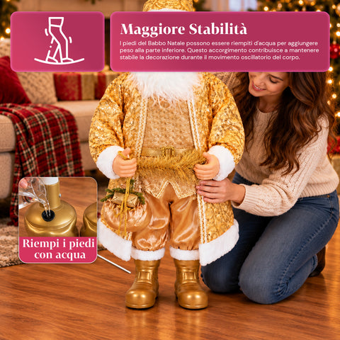 Père Noël dansant de 130 cm avec musique, statue de Noël dorée qui danse, rit et chante, plusieurs modes et morceaux, base à remplir, adaptateur secteur inclus