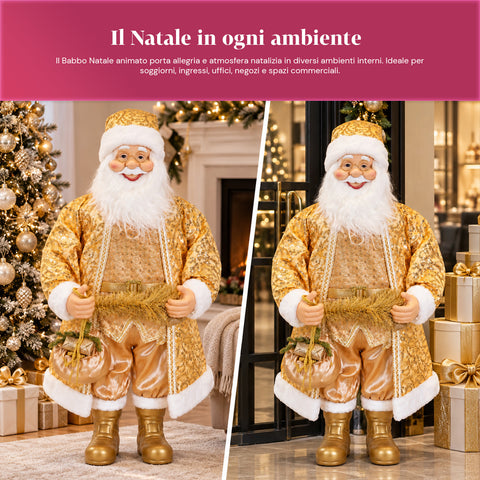 Père Noël dansant de 130 cm avec musique, statue de Noël dorée qui danse, rit et chante, plusieurs modes et morceaux, base à remplir, adaptateur secteur inclus