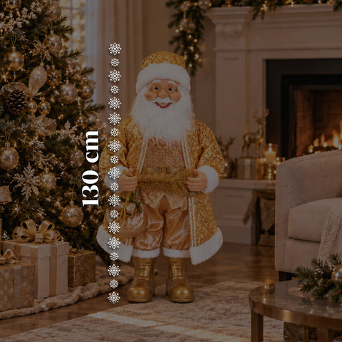 Père Noël dansant de 130 cm avec musique, statue de Noël dorée qui danse, rit et chante, plusieurs modes et morceaux, base à remplir, adaptateur secteur inclus