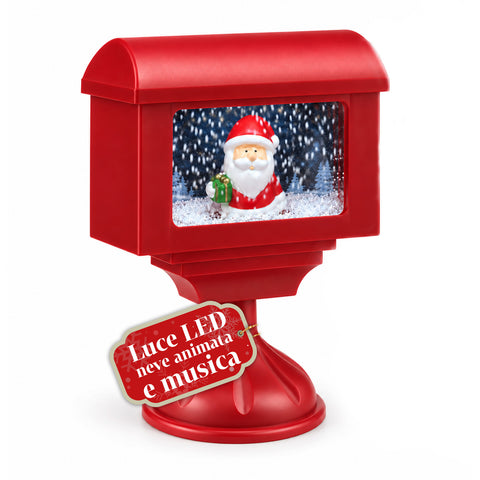 Réverbère décoratif de Noël en forme de boîte aux lettres avec effet neige, lumières LED et musique, 2 variantes : Père Noël ou ourson, hauteur 41 cm, à piles