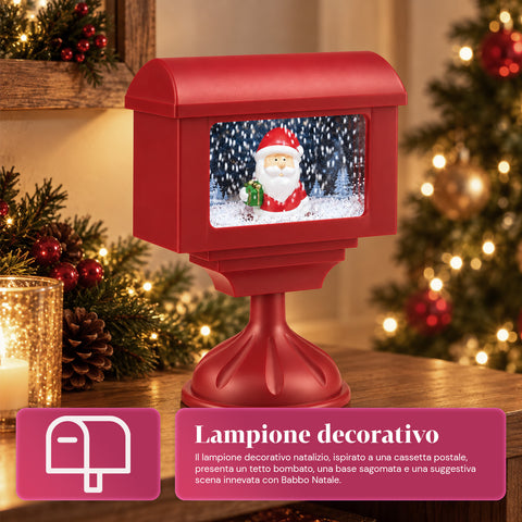 Réverbère décoratif de Noël en forme de boîte aux lettres avec effet neige, lumières LED et musique, 2 variantes : Père Noël ou ourson, hauteur 41 cm, à piles