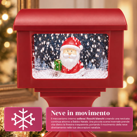 Réverbère décoratif de Noël en forme de boîte aux lettres avec effet neige, lumières LED et musique, 2 variantes : Père Noël ou ourson, hauteur 41 cm, à piles