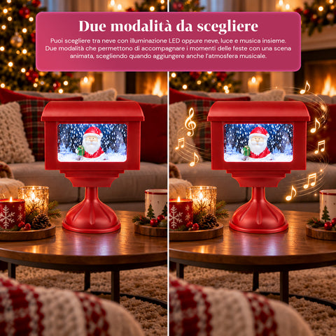 Réverbère décoratif de Noël en forme de boîte aux lettres avec effet neige, lumières LED et musique, 2 variantes : Père Noël ou ourson, hauteur 41 cm, à piles