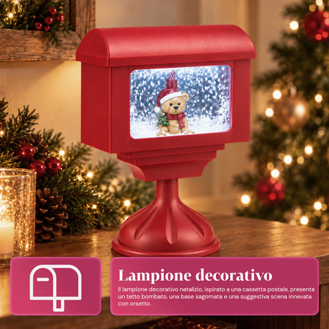 Réverbère décoratif de Noël en forme de boîte aux lettres avec effet neige, lumières LED et musique, 2 variantes : Père Noël ou ourson, hauteur 41 cm, à piles