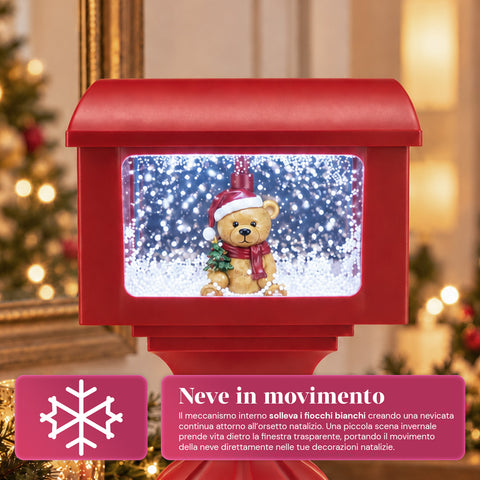 Réverbère décoratif de Noël en forme de boîte aux lettres avec effet neige, lumières LED et musique, 2 variantes : Père Noël ou ourson, hauteur 41 cm, à piles