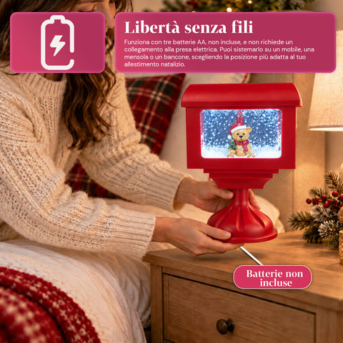 Réverbère décoratif de Noël en forme de boîte aux lettres avec effet neige, lumières LED et musique, 2 variantes : Père Noël ou ourson, hauteur 41 cm, à piles