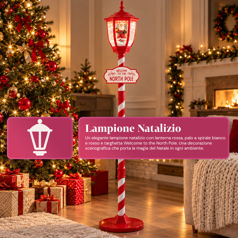 Réverbère de Noël rouge de 180 cm avec neige, lumière LED et musique, 2 variantes : Père Noël ou ourson, effet boule à neige en verre, décoration de Noël à poser au sol