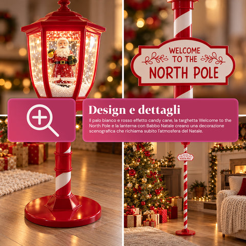 Réverbère de Noël rouge de 180 cm avec neige, lumière LED et musique, 2 variantes : Père Noël ou ourson, effet boule à neige en verre, décoration de Noël à poser au sol