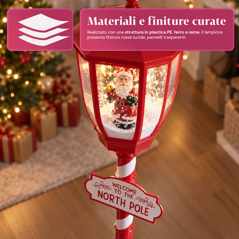 Réverbère de Noël rouge de 180 cm avec neige, lumière LED et musique, 2 variantes : Père Noël ou ourson, effet boule à neige en verre, décoration de Noël à poser au sol
