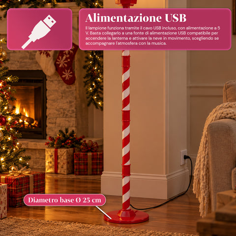 Réverbère de Noël rouge de 180 cm avec neige, lumière LED et musique, 2 variantes : Père Noël ou ourson, effet boule à neige en verre, décoration de Noël à poser au sol