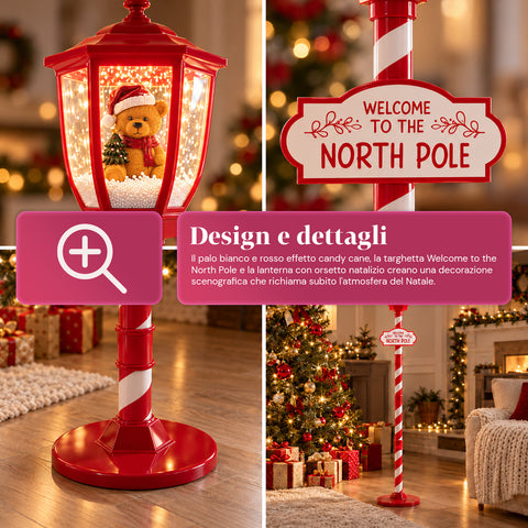 Réverbère de Noël rouge de 180 cm avec neige, lumière LED et musique, 2 variantes : Père Noël ou ourson, effet boule à neige en verre, décoration de Noël à poser au sol
