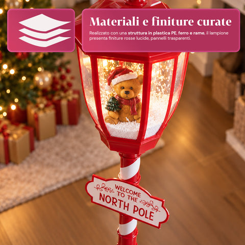 Réverbère de Noël rouge de 180 cm avec neige, lumière LED et musique, 2 variantes : Père Noël ou ourson, effet boule à neige en verre, décoration de Noël à poser au sol