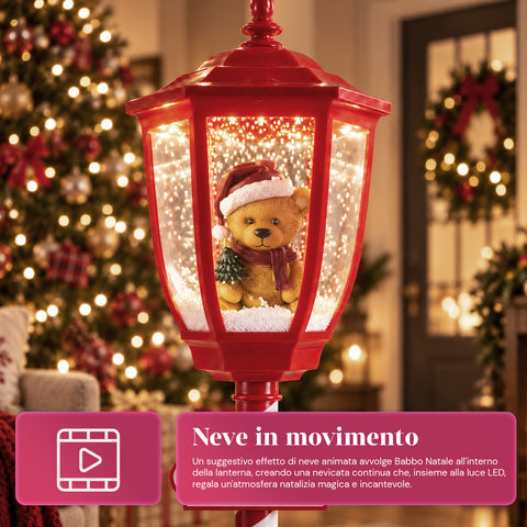 Réverbère de Noël rouge de 180 cm avec neige, lumière LED et musique, 2 variantes : Père Noël ou ourson, effet boule à neige en verre, décoration de Noël à poser au sol