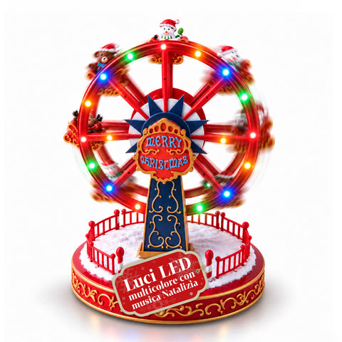 Grande roue de Noël avec lumières LED, musique et mouvement rotatif, 2 couleurs, décoration de Noël animée, hauteur 26 cm, base 22 cm, plastique