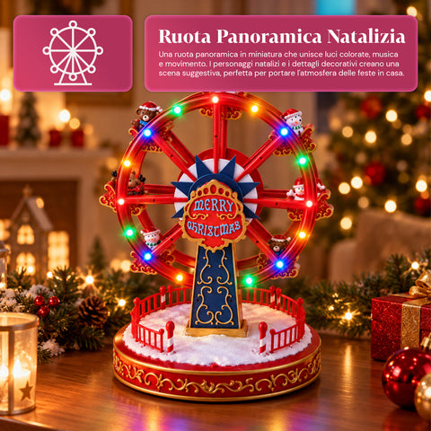 Grande roue de Noël avec lumières LED, musique et mouvement rotatif, 2 couleurs, décoration de Noël animée, hauteur 26 cm, base 22 cm, plastique