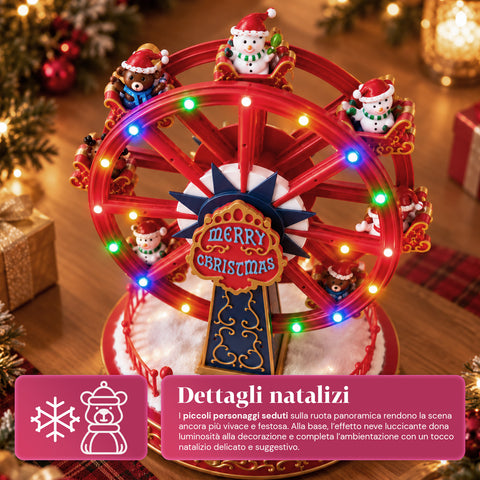 Grande roue de Noël avec lumières LED, musique et mouvement rotatif, 2 couleurs, décoration de Noël animée, hauteur 26 cm, base 22 cm, plastique