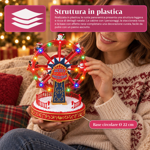 Grande roue de Noël avec lumières LED, musique et mouvement rotatif, 2 couleurs, décoration de Noël animée, hauteur 26 cm, base 22 cm, plastique