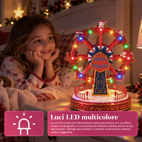 Grande roue de Noël avec lumières LED, musique et mouvement rotatif, 2 couleurs, décoration de Noël animée, hauteur 26 cm, base 22 cm, plastique