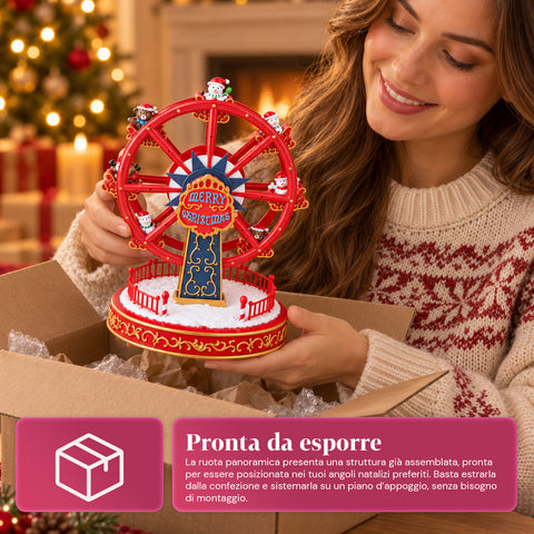 Grande roue de Noël avec lumières LED, musique et mouvement rotatif, 2 couleurs, décoration de Noël animée, hauteur 26 cm, base 22 cm, plastique