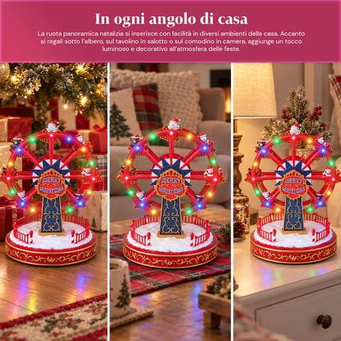 Grande roue de Noël avec lumières LED, musique et mouvement rotatif, 2 couleurs, décoration de Noël animée, hauteur 26 cm, base 22 cm, plastique