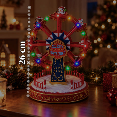 Grande roue de Noël avec lumières LED, musique et mouvement rotatif, 2 couleurs, décoration de Noël animée, hauteur 26 cm, base 22 cm, plastique