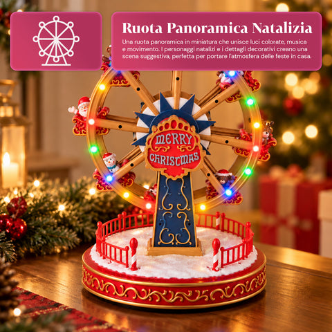Grande roue de Noël avec lumières LED, musique et mouvement rotatif, 2 couleurs, décoration de Noël animée, hauteur 26 cm, base 22 cm, plastique