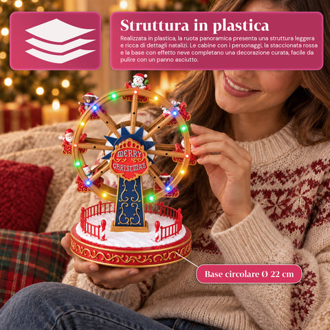 Grande roue de Noël avec lumières LED, musique et mouvement rotatif, 2 couleurs, décoration de Noël animée, hauteur 26 cm, base 22 cm, plastique