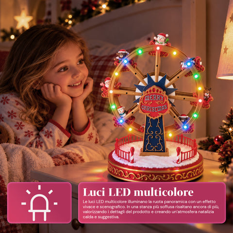 Grande roue de Noël avec lumières LED, musique et mouvement rotatif, 2 couleurs, décoration de Noël animée, hauteur 26 cm, base 22 cm, plastique