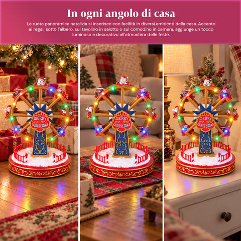 Grande roue de Noël avec lumières LED, musique et mouvement rotatif, 2 couleurs, décoration de Noël animée, hauteur 26 cm, base 22 cm, plastique