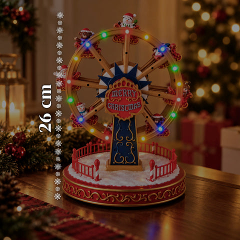 Grande roue de Noël avec lumières LED, musique et mouvement rotatif, 2 couleurs, décoration de Noël animée, hauteur 26 cm, base 22 cm, plastique
