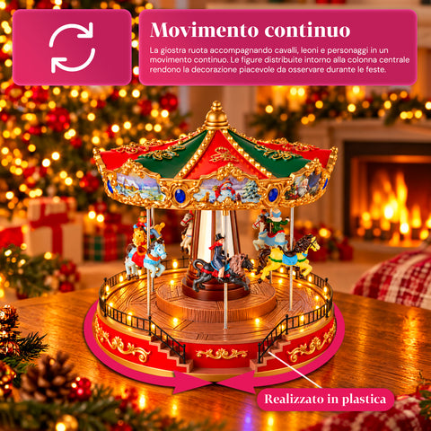 Grande roue de Noël avec lumières LED, musique et mouvement rotatif, 2 couleurs, décoration de Noël animée, hauteur 26 cm, base 22 cm, plastique
